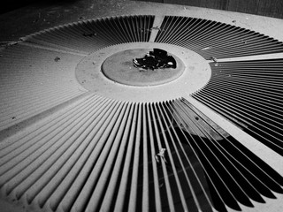 close view of air conditioning unit in black and white