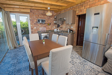 Interior design of luxury apartment open plan kitchen