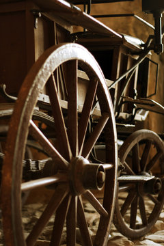 Wooden wheels, spokes and hub of old horse cart