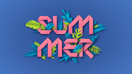Summer typography design with paper cut design and tropical leaves is an element on colorful background. paper cut and craft style. vector, illustration.