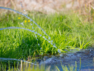 closeup water stream from a source among a green grass