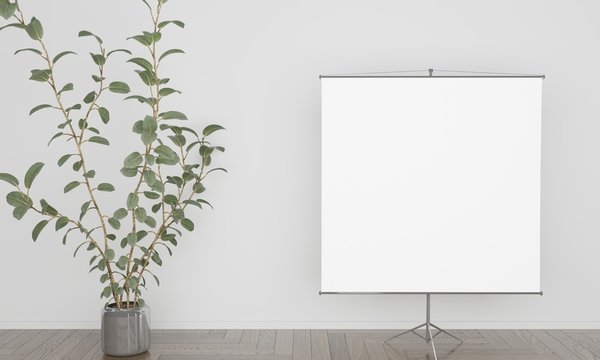 White background with projection screen and a big plant 3D illustration