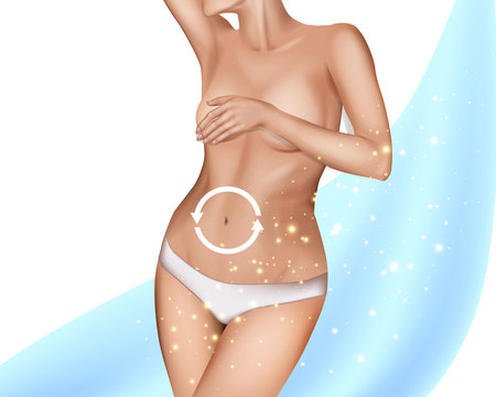 Digestive health including round icons with female belly pointers.  Realistic design Body of young and beautiful woman