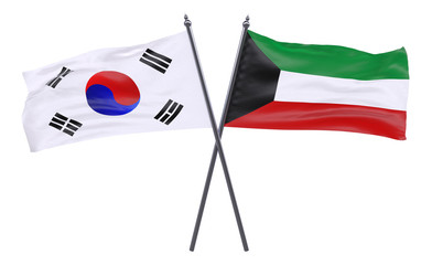 South Korea and Kuwait, two crossed flags isolated on white background. 3d image