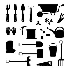 Vector set of tools for gardening. Gardening collection. Icon silhouette