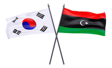 South Korea and Libya, two crossed flags isolated on white background. 3d image