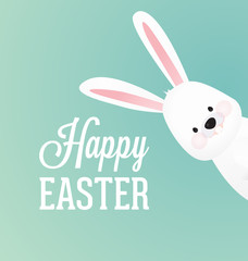 Happy Easter Vector Design with Cute Rabbit Character - Advertising Poster or Flyer Template with a White Bunny 