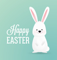 Happy Easter Vector Design with Cute Rabbit Character - Advertising Poster or Flyer Template with a White Bunny 