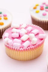 Colorful cupcakes on a pink background.