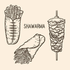 Vector hand drawn of shawarma set in the engraving style.