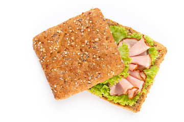 Sandwich with ham sausage on white background.