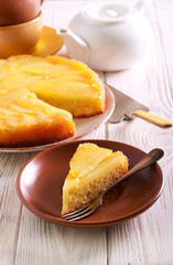 Upside down pear cake, sliced