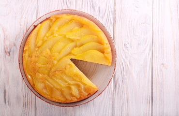 Upside down pear cake, sliced