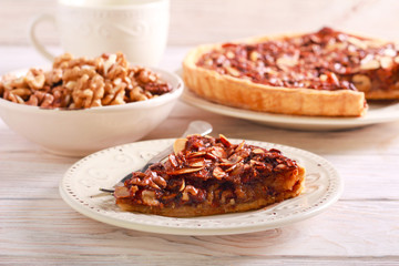 Nut and caramel tart, served