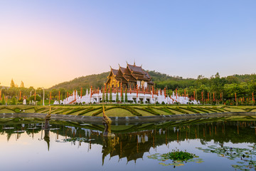 Fototapeta premium Royal Pavilion (Ho Kum Luang) Lanna style pavilion in Royal Flora Rajapruek Park botanical garden, Chiang Mai, Thailand.