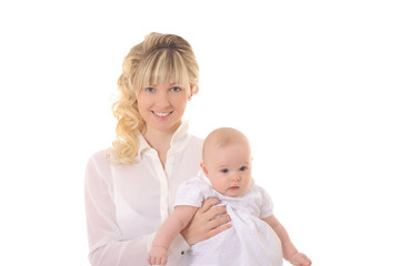 cheerful beautiful young woman holding baby in hands