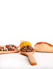 Group of indian spices and herbs difference ware in wooden spoons on white background with normal view and copy space for design foods, vegetable, spices, herbs, healthy lifestyle