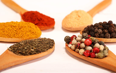Group of indian spices and herbs difference ware in wooden spoons on white background for design foods, vegetable, spices, herbs, healthy lifestyle