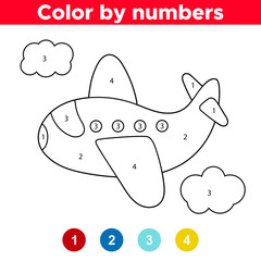 Coloring by numbers cute vector plane. Educational game for preschool children. Learning numbers.