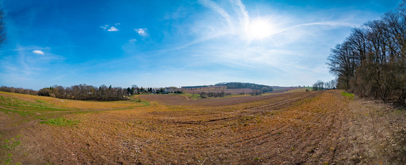 Panorama spring field. Arable land