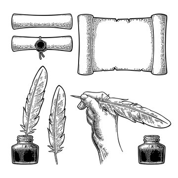 Inkwell, scroll and female hand holding goose feather. Vector engraving