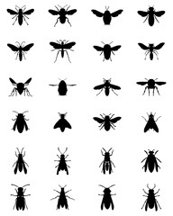 Black silhouettes of bees and wasps on a white background