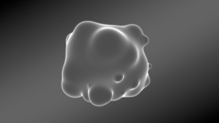 3D illustration of a sphere of irregular shape with a wavy, swollen surface. The sphere glows in a dark space against a gray gradient. 3D rendering, abstract background.