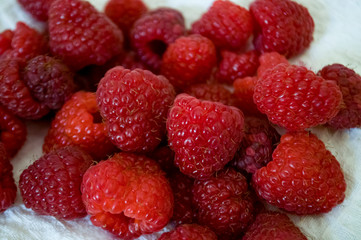 Big ripe raspberries are laying on the  table covered with white tablecloth