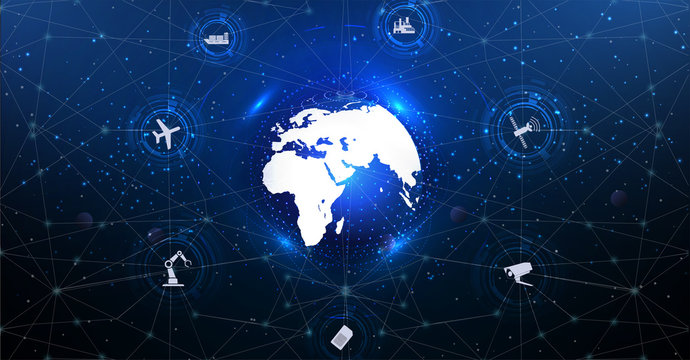Internet of things (IoT) and networking concept for connected devices. Spider web of network connections with on a futuristic space blue background. Smart city wireless communication network IoT ICT.