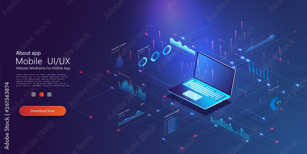 Poster concept business strategy. analysis data and investment. application of laptop with business graph a