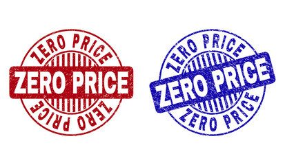 Grunge ZERO PRICE round stamp seals isolated on a white background. Round seals with grunge texture in red and blue colors. Vector rubber overlay of ZERO PRICE caption inside circle form with stripes.