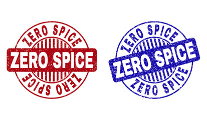 Grunge ZERO SPICE round stamp seals isolated on a white background. Round seals with grunge texture in red and blue colors.