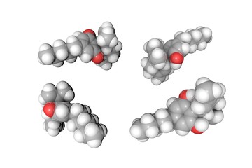 Molecular structure of cannabidiol (CBD). Atoms are represented as spheres with conventional color coding: hydrogen (white), carbon (grey), oxygen (red). Scientific background. 3d illustration