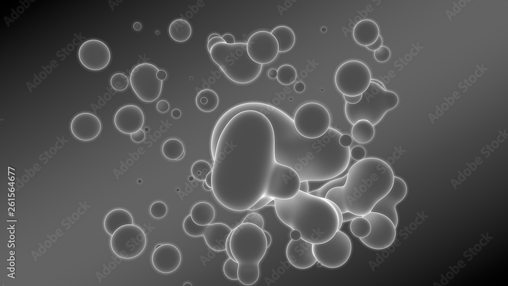 Poster 3d illustration of abstract background. gray gradient with many drops of different shapes and sizes.