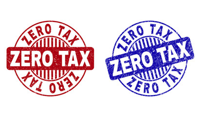 Grunge ZERO TAX round stamp seals isolated on a white background. Round seals with grunge texture in red and blue colors. Vector rubber watermark of ZERO TAX caption inside circle form with stripes.