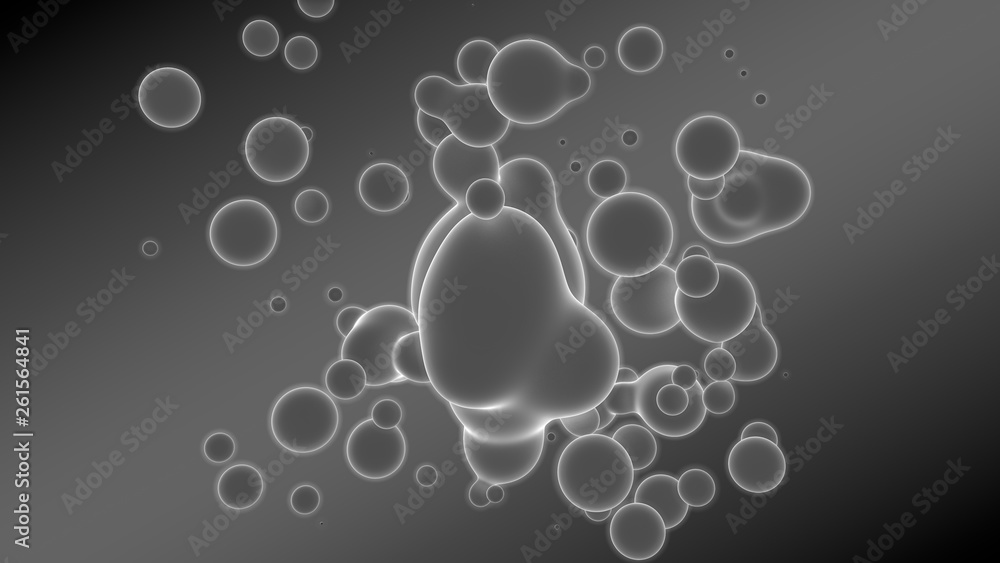 Poster 3d illustration of abstract background. gray gradient with many drops of different shapes and sizes.