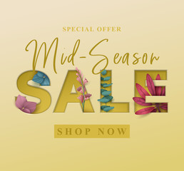 Sale background with flowers. Cut out paper letters. Vector illustration