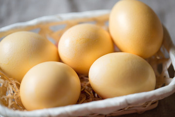 Easter eggs in a basket close up