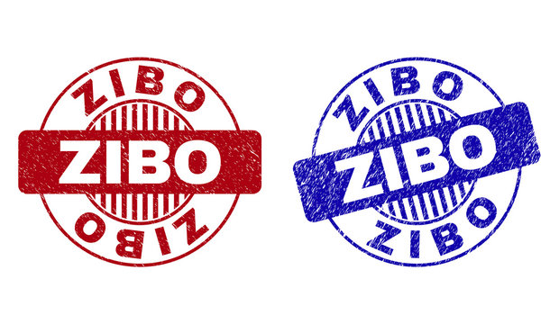 Grunge ZIBO round stamp seals isolated on a white background. Round seals with grunge texture in red and blue colors. Vector rubber imitation of ZIBO caption inside circle form with stripes.