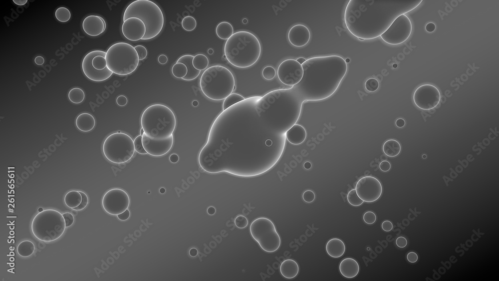 Poster 3d illustration of abstract background. gray gradient with many drops of different shapes and sizes.