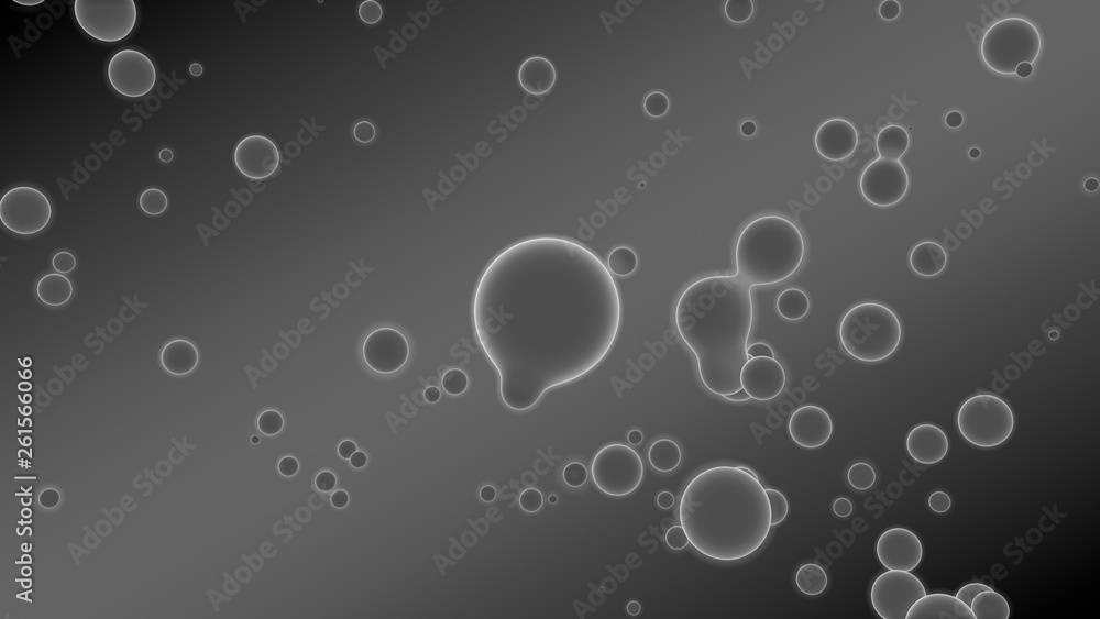 Poster 3d illustration of abstract background. gray gradient with many drops of different shapes and sizes.