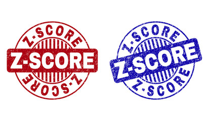 Grunge Z-SCORE round stamp seals isolated on a white background. Round seals with grunge texture in red and blue colors. Vector rubber imitation of Z-SCORE tag inside circle form with stripes.
