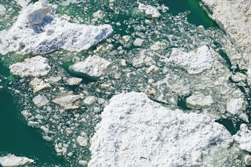 View of frozen ice chunks breaking and melting into the Niagara River in the spring