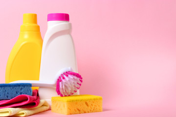  cleaning product on a colored background side view. Professional cleaning products, spring cleaning. Household chemicals