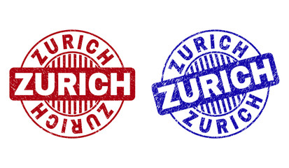 Grunge ZURICH round stamp seals isolated on a white background. Round seals with grunge texture in red and blue colors. Vector rubber watermark of ZURICH caption inside circle form with stripes.