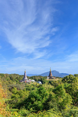 Noppamethanedon and Nopphonphusiri pagodas view from Kew Mae Pan nature trail, Doi Inthanon National Park, Chiang Mai, Thailand