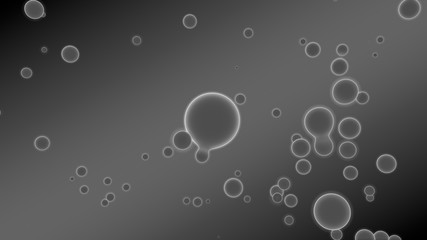 3D illustration of abstract background. Gray gradient with many drops of different shapes and sizes. Balls glow in space. 3D rendering. Futuristic background of many drops of luminous substance