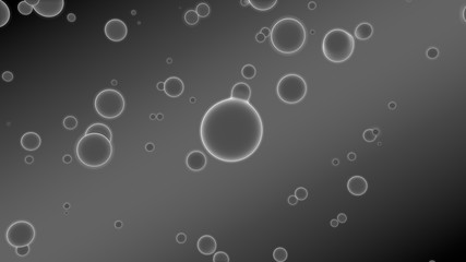 3D illustration of abstract background. Gray gradient with many drops of different shapes and sizes. Balls glow in space. 3D rendering. Futuristic background of many drops of luminous substance