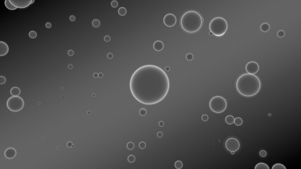 3D illustration of abstract background. Gray gradient with many drops of different shapes and sizes. Balls glow in space. 3D rendering. Futuristic background of many drops of luminous substance