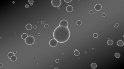 3D illustration of abstract background. Gray gradient with many drops of different shapes and sizes. Balls glow in space. 3D rendering. Futuristic background of many drops of luminous substance